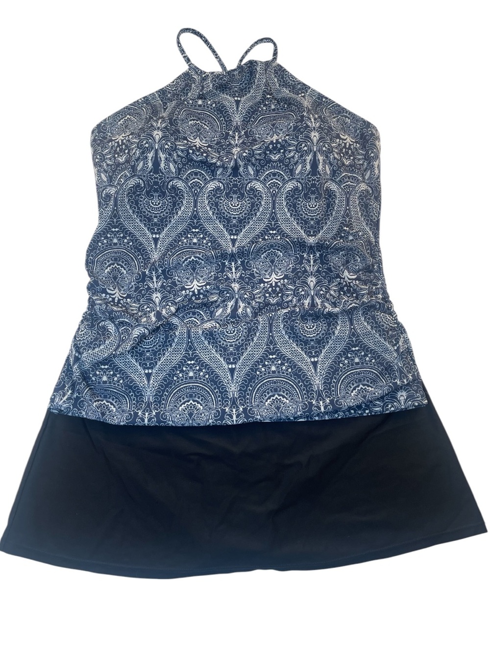 Venus tankini swim top Blue Paisley Halter and Solid Black swim Skirt Women’s 14